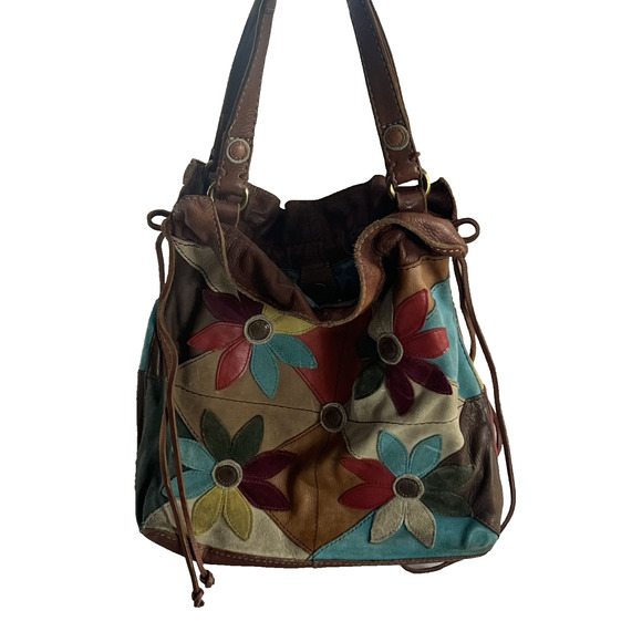 Lucky Brand Hobo Shoulder Bag Colorful Patchwork Leather Suede Flowers Vtg Boho - Picture 1 of 16
